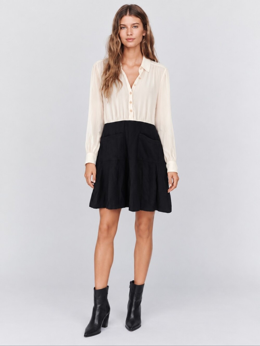 J. Crew Button-Front Crepe Shirt-Dress in Ivory and Black